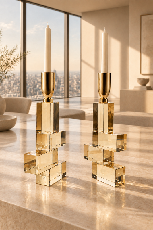 Duo de bougeoirs sculpturaux de motifs luxe cube en cristal.