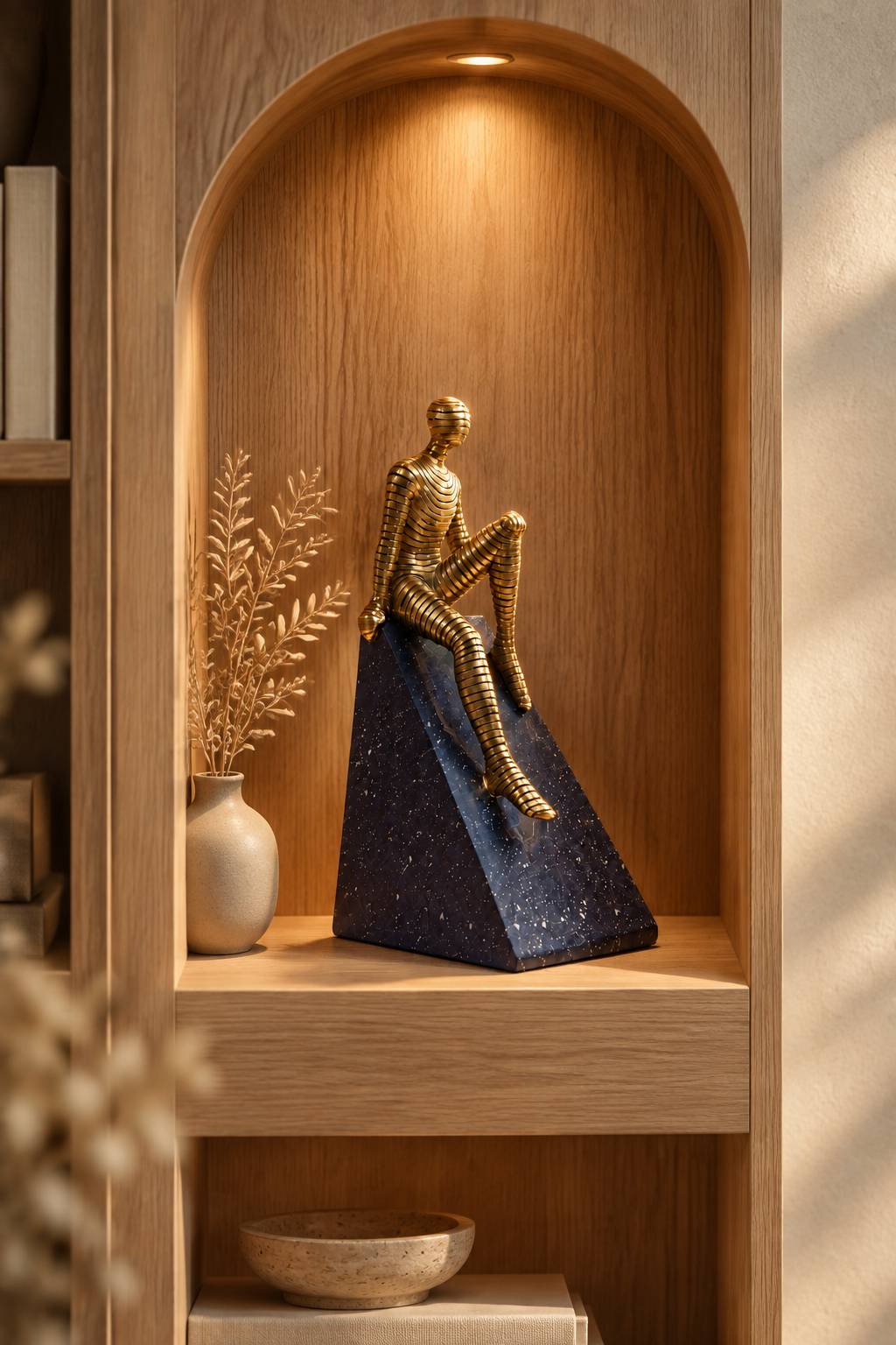 Sculpture décorative contemporaine d'un personnage doré texturé assis sur un socle géométrique bleu nuit effet ciel étoilé.