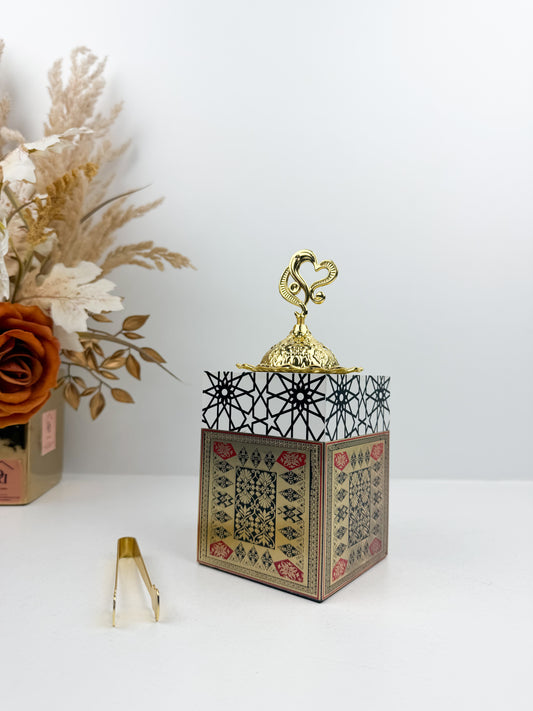 Brûleur d'encens en bois avec couvercle et pince en métal