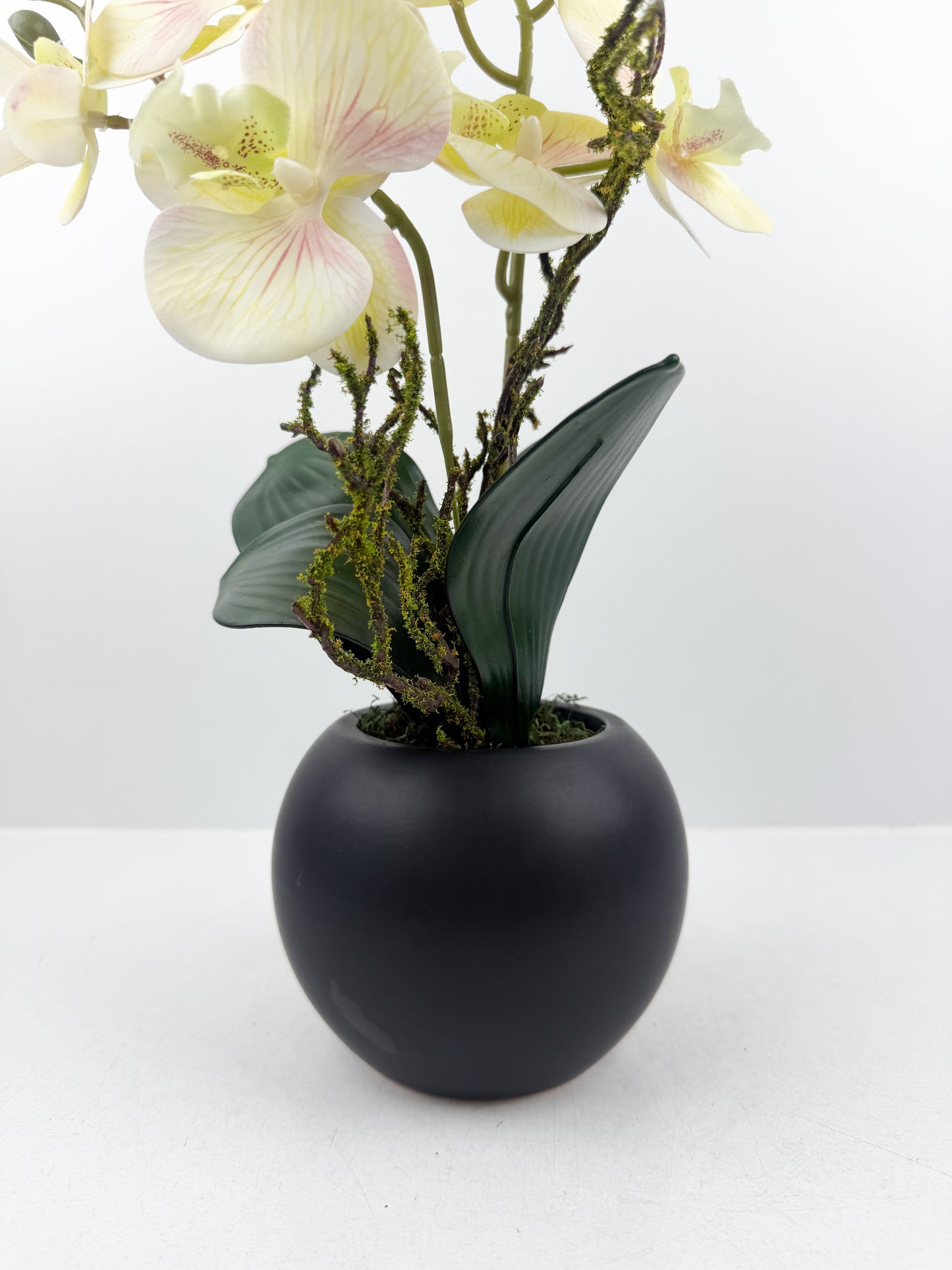 Fleurs artificielles blanches de luxe dans un pot noir haut de gamme de forme ronde