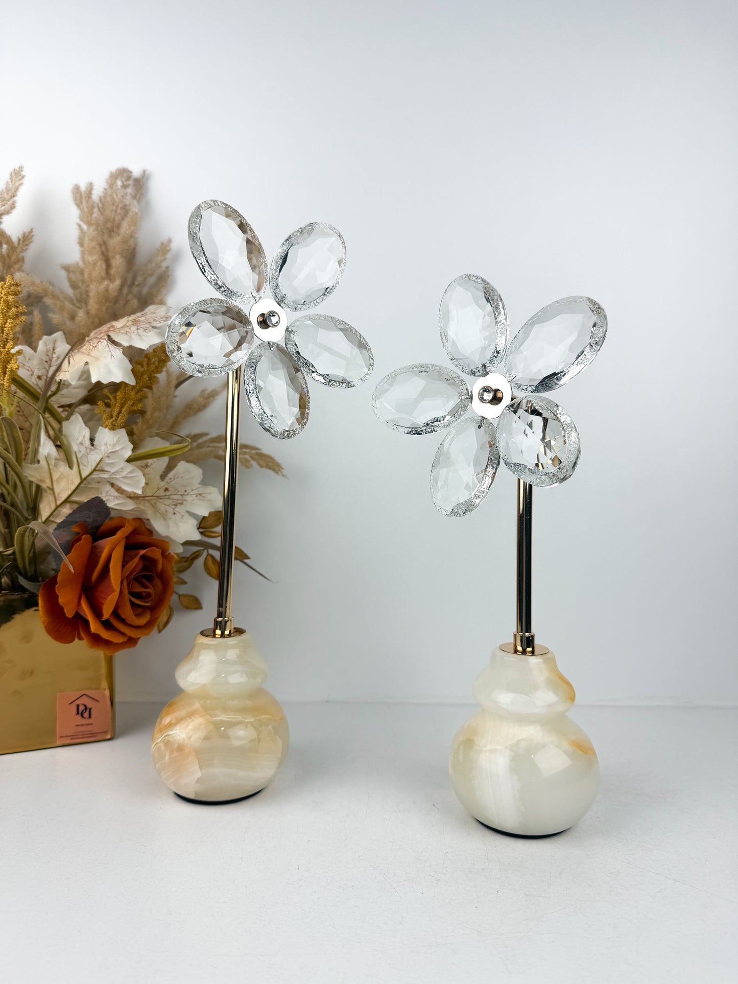 Ensemble de deux Fleurs décorative en cristal élégante avec une base marbré