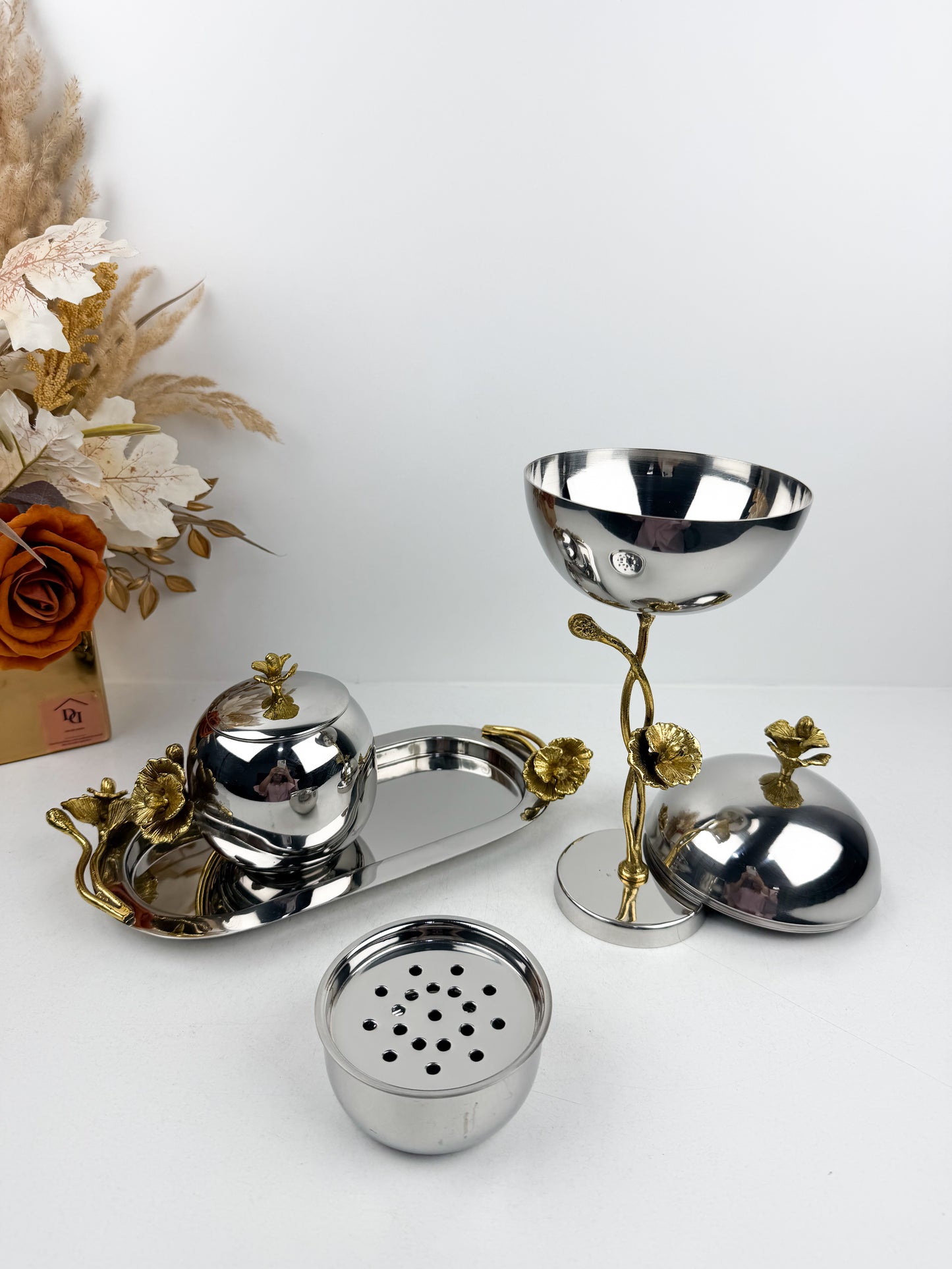 Ensemble de brûleur d'encens élégant en métal argenté