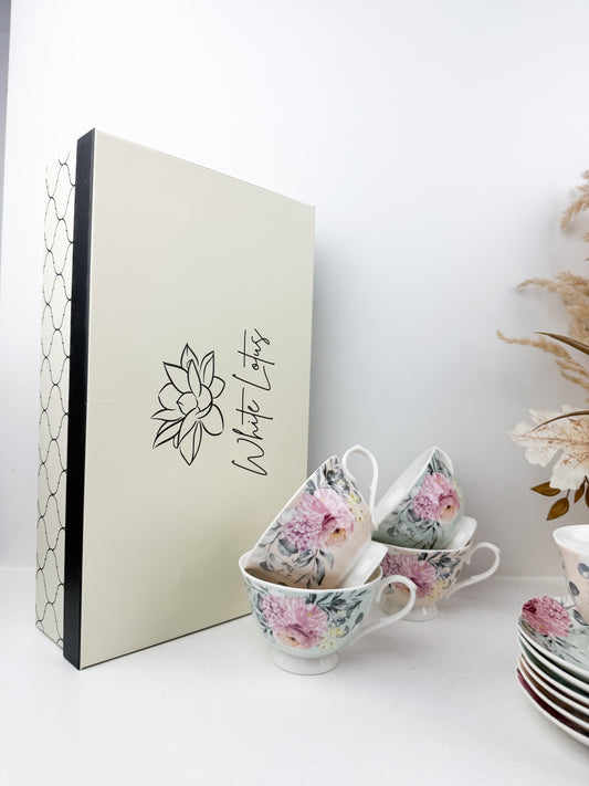 Service de six tasses et six sous-tasses à café au lait en porcelaine de luxe floral
