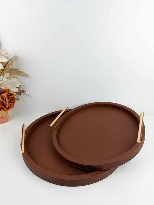 Ensemble de plateaux ronds avec poignées en cuir texturé marron