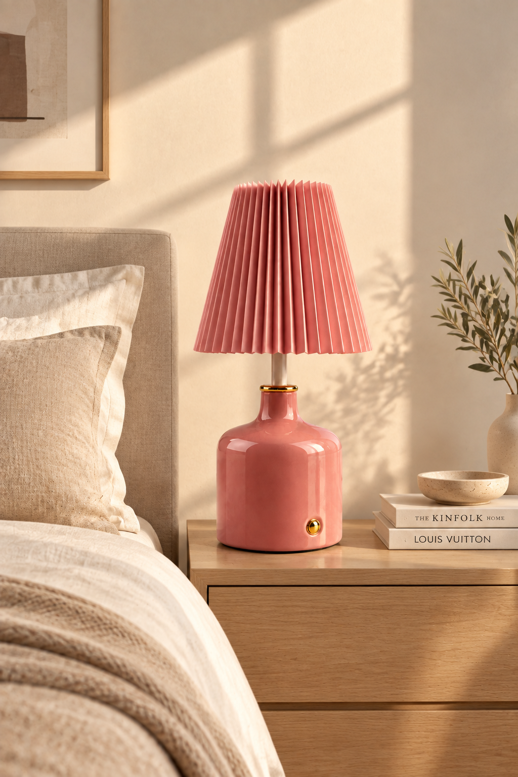 Lampe à Poser Sans Fil Rechargeable de pied céramique rose élégant.
