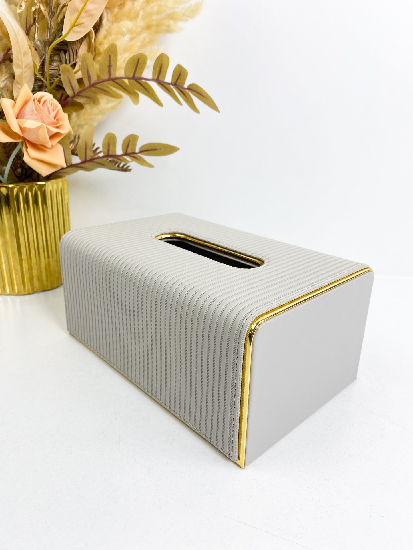Boîte à serviettes en cuir rayé, boîte à mouchoirs de luxe avec bordure dorée-Gris clair