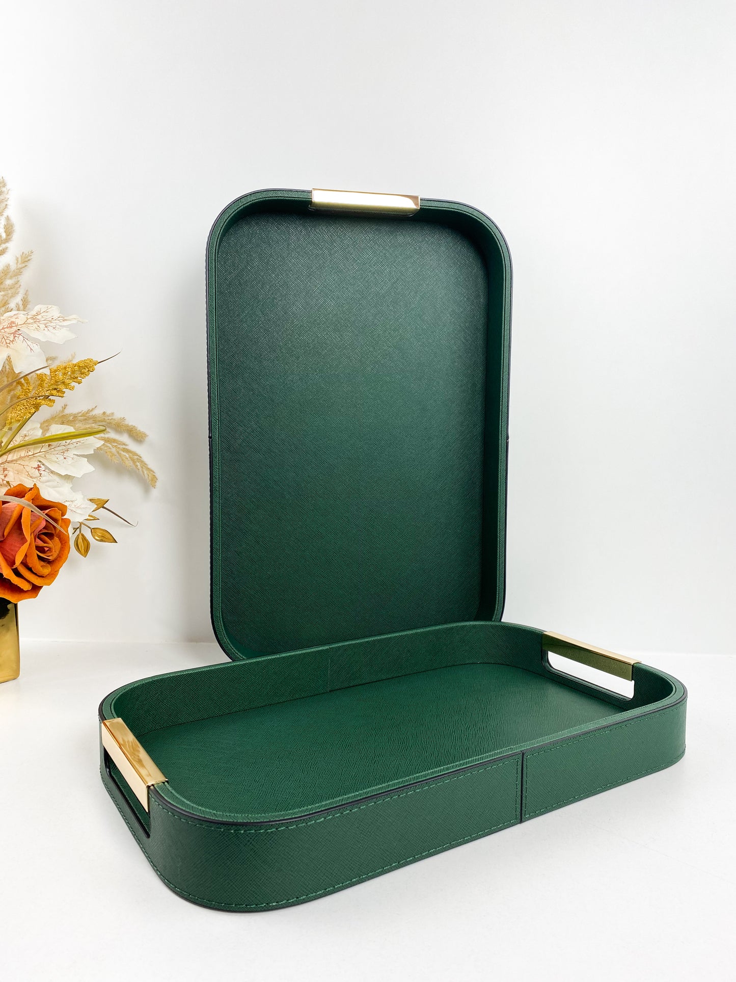 Plateau de service en cuir avec poignées doré-Vert