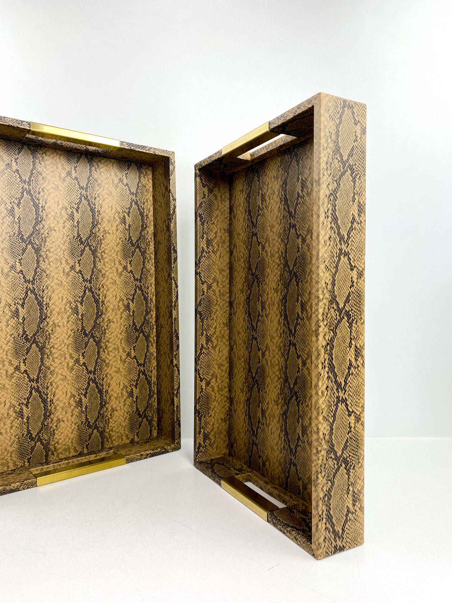 Lot de 2 plateaux gigognes décoratifs de style luxueux moderne en imitation peau de serpent doré en acier inoxydable