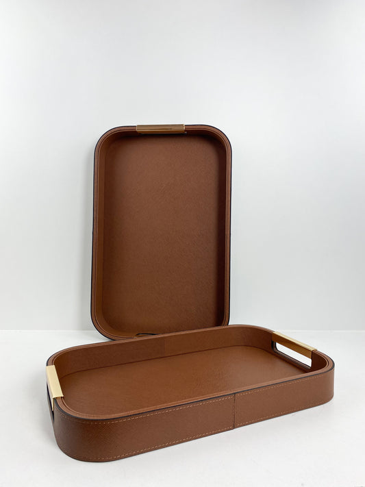 Ensemble de 2 plateaux en similicuir avec poignée en doré(marron)