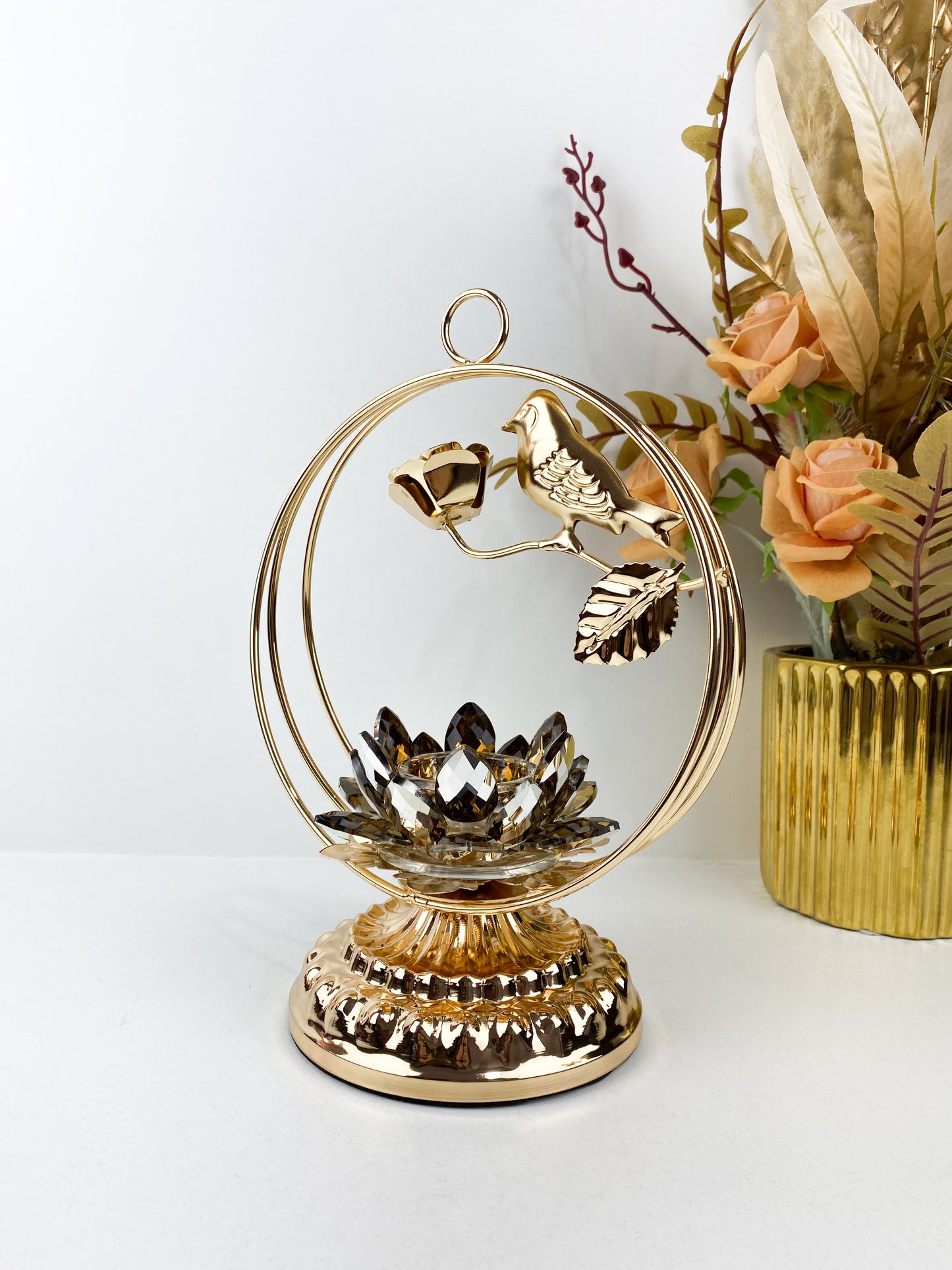 Porte bougie en métal doré oiseaux