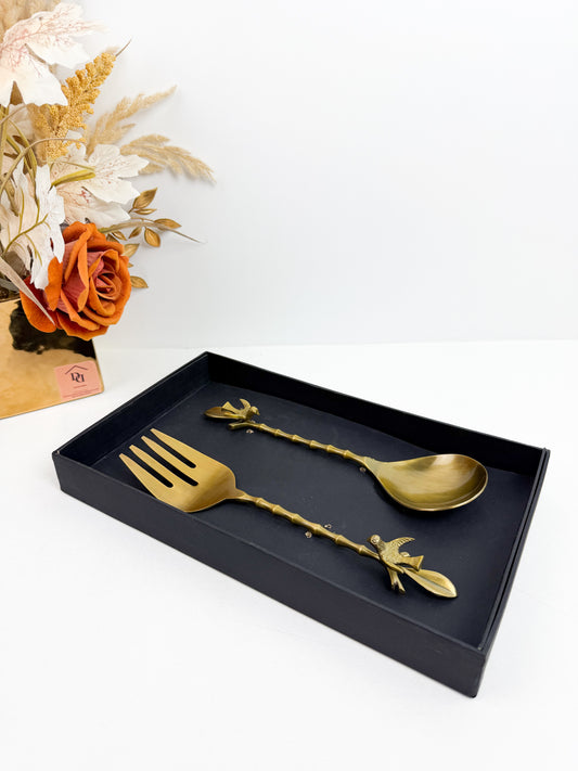 Ensemble de couverts à salade en laiton massif avec des poignées en forme d'oiseaux-Bronze