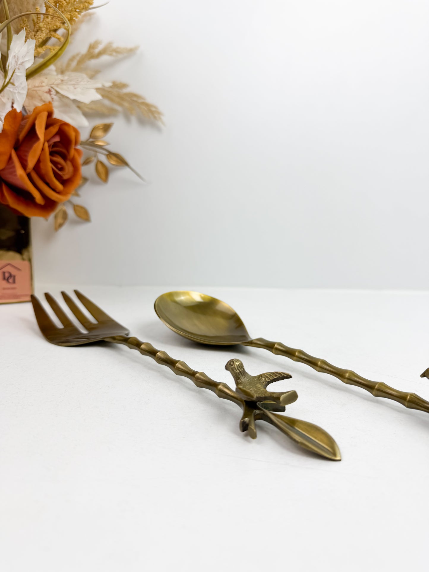 Ensemble de couverts à salade en laiton massif avec des poignées en forme d'oiseaux-Bronze