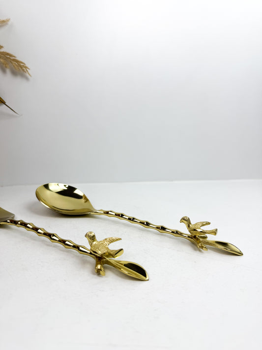 Ensemble de couverts à salade en laiton massif avec des poignées en forme d'oiseaux-Doré