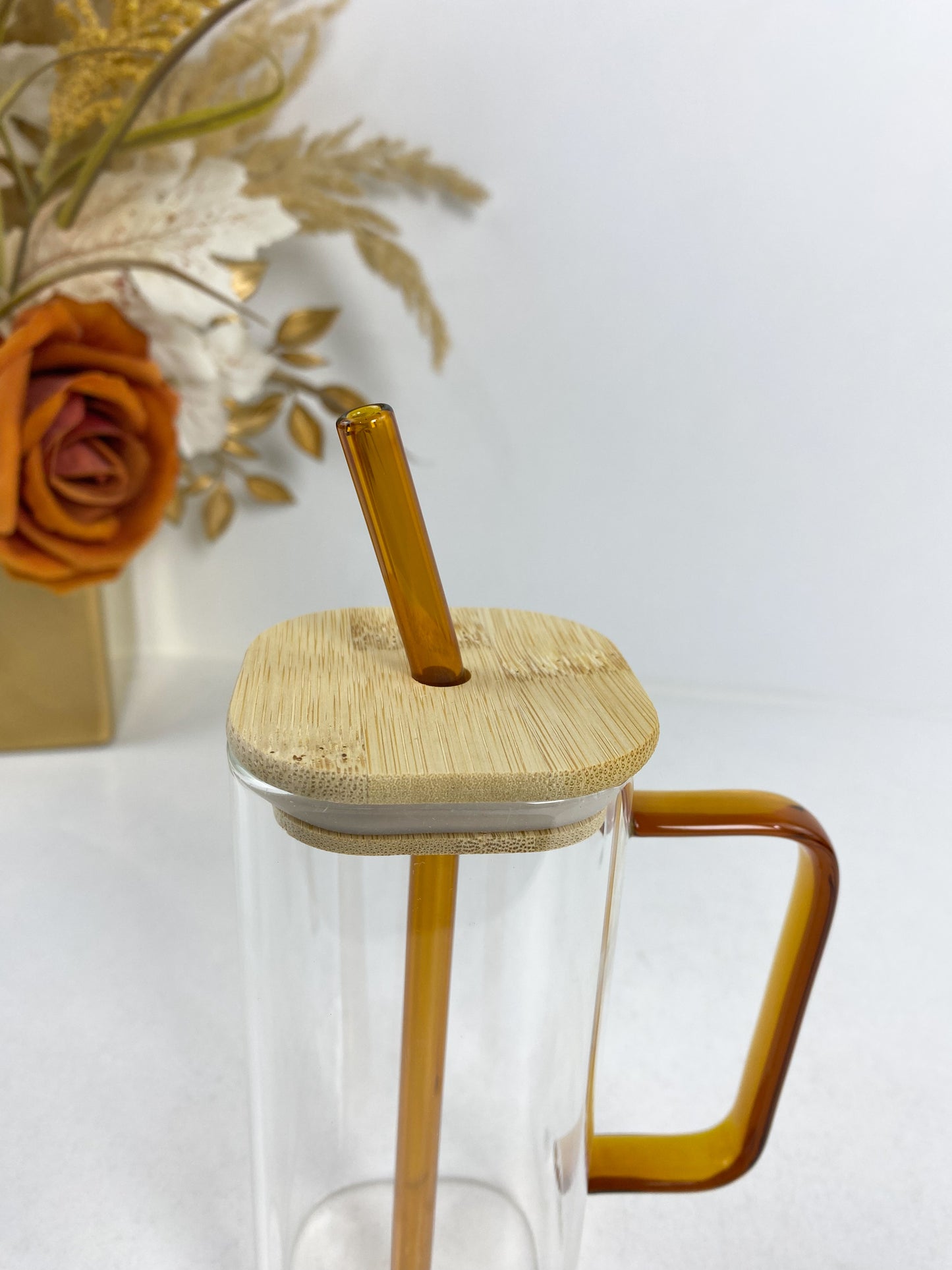 Tasse Mug en verre transparent carré 400ML,avec couvercle et Paille