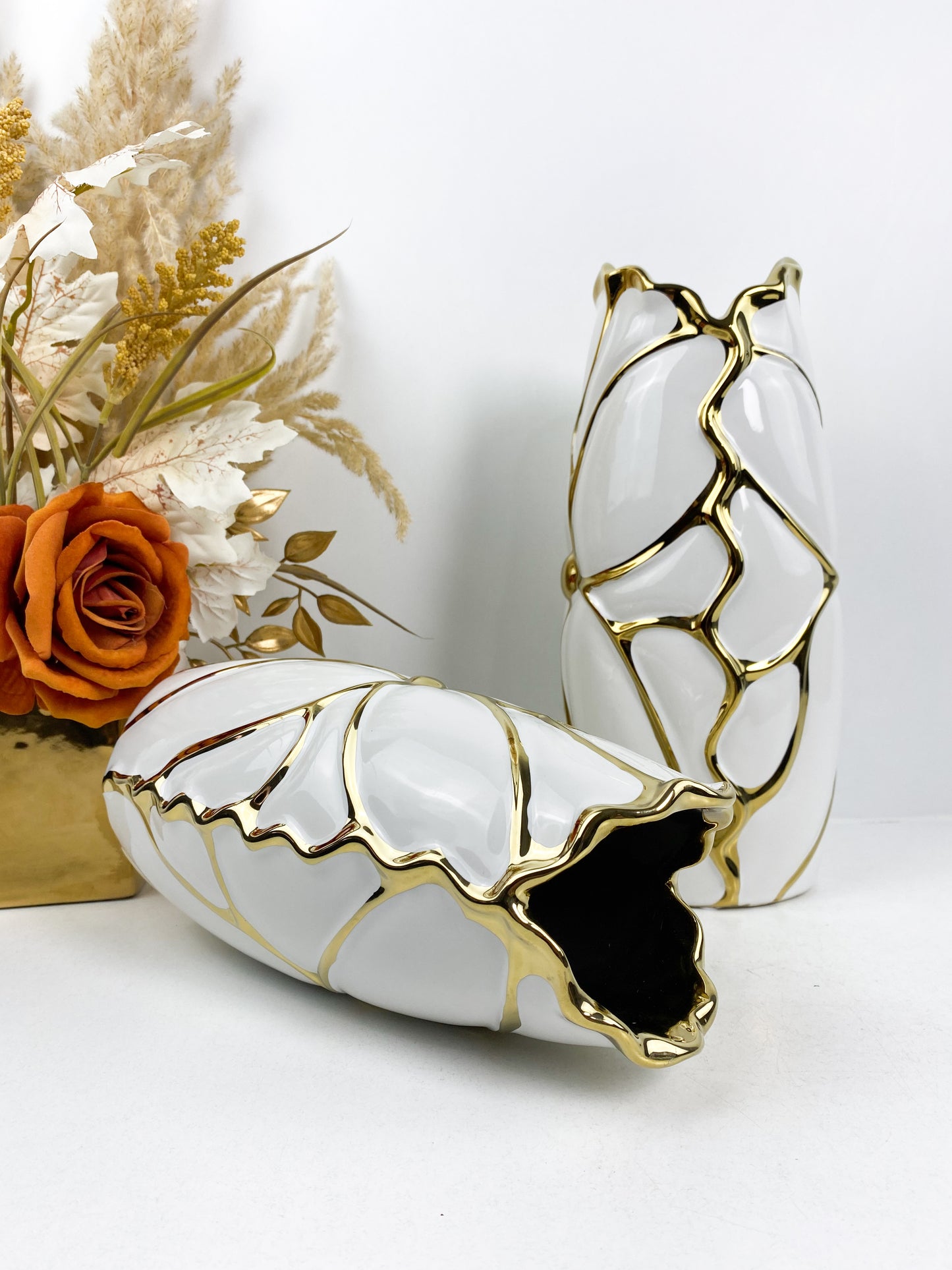 Duo vase moderne en céramique blanc doré