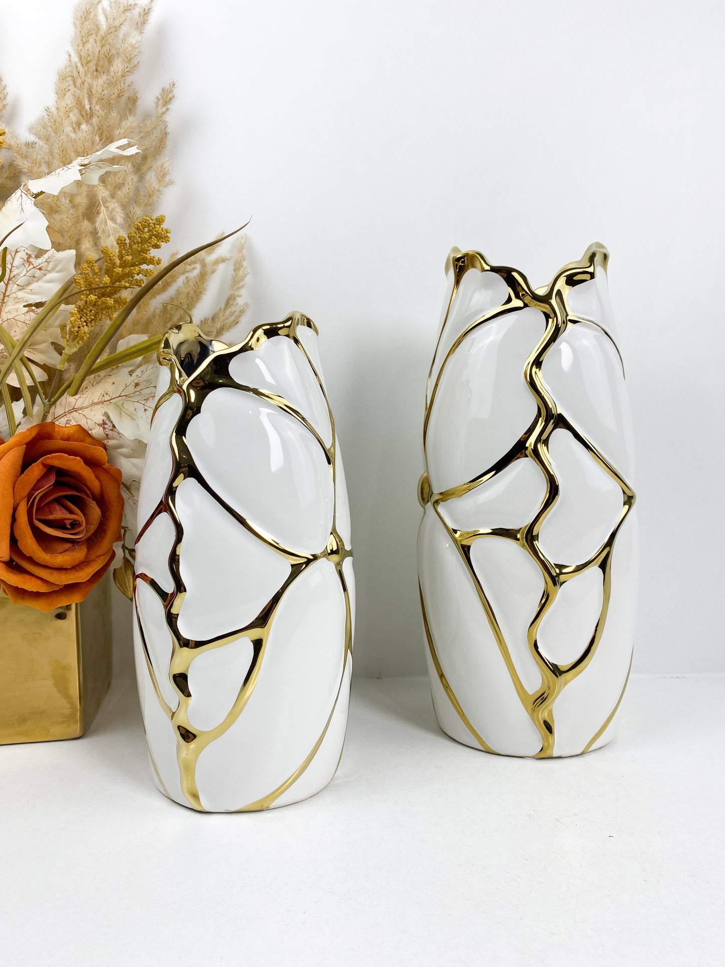 Duo vase moderne en céramique blanc doré