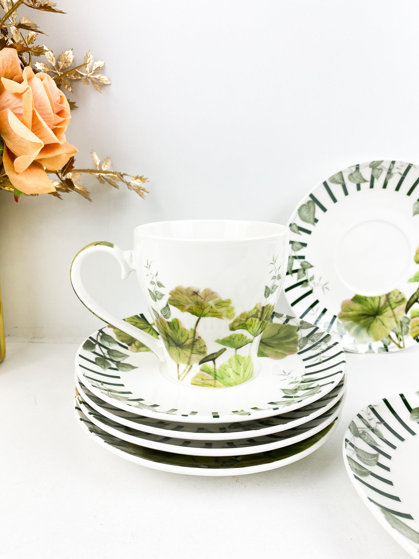 Tasses Cappuccino-Tasse à café et à thé en porcelaine avec soucoupe floral vert 250 ml
