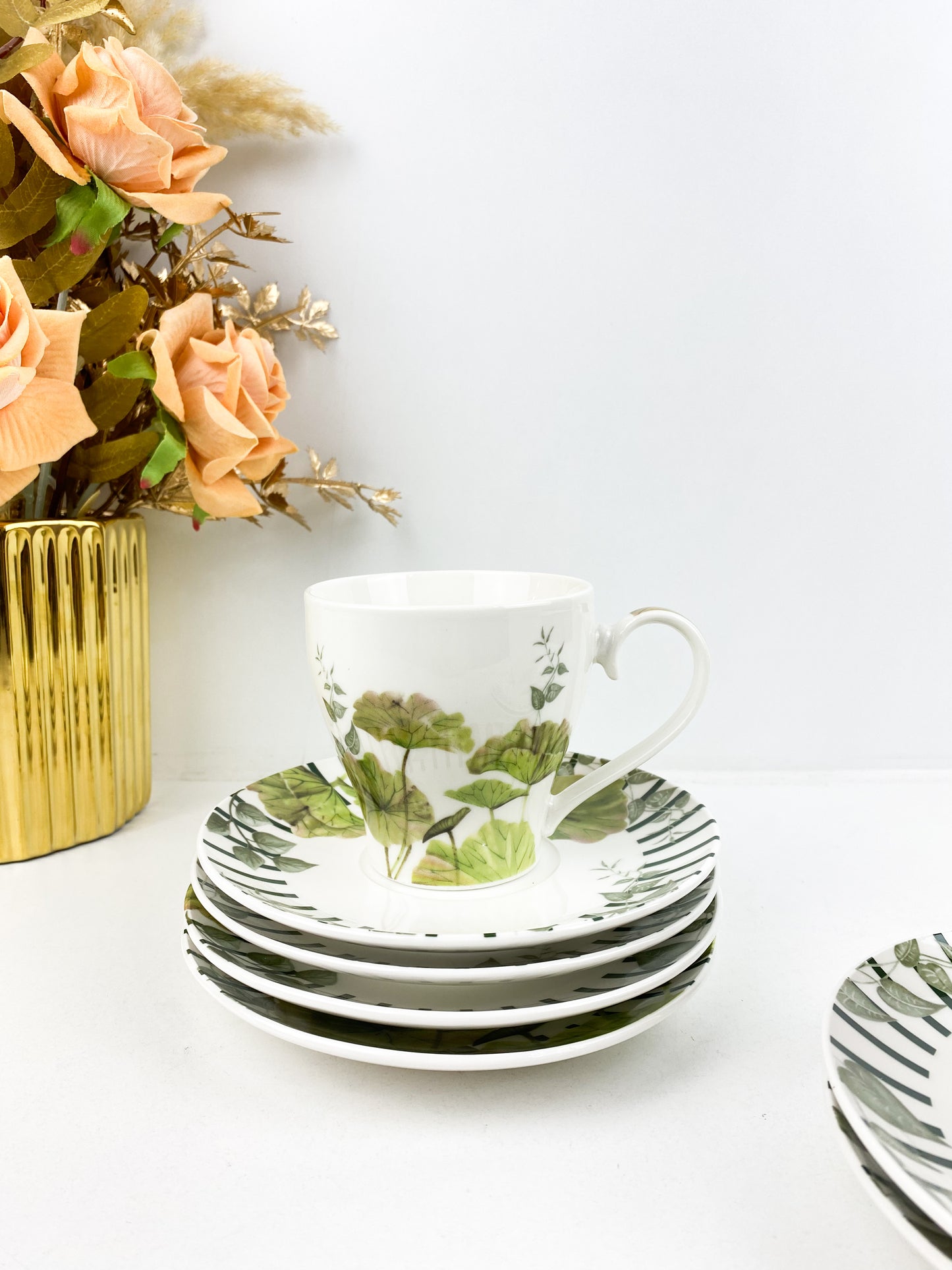 Tasses Cappuccino-Tasse à café et à thé en porcelaine avec soucoupe floral vert 250 ml