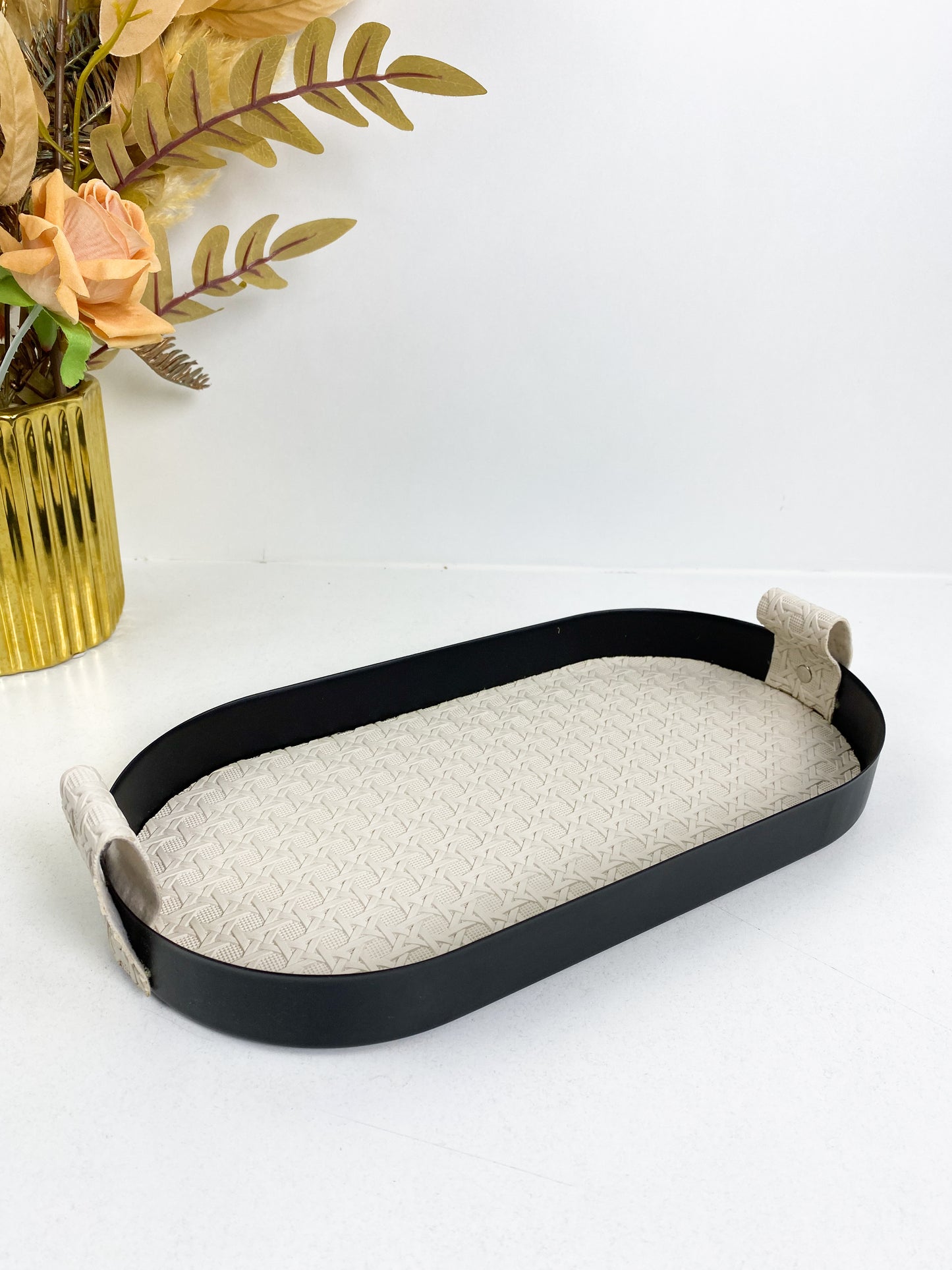 Plateau ovale similicuir blanc