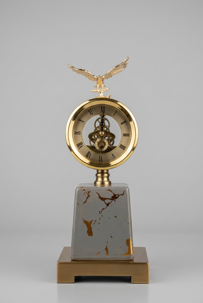 Horloge ronde avec cadran classique surmontée d'une sculpture d'aigle