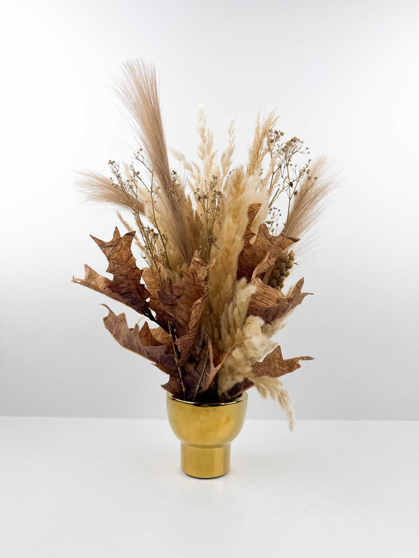 Fleurs séchées marron foncé arrangé avec élégance dans un vase en céramique doré