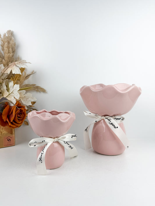 Duo vases en céramiques en forme de bouquet de fleur élégant rose