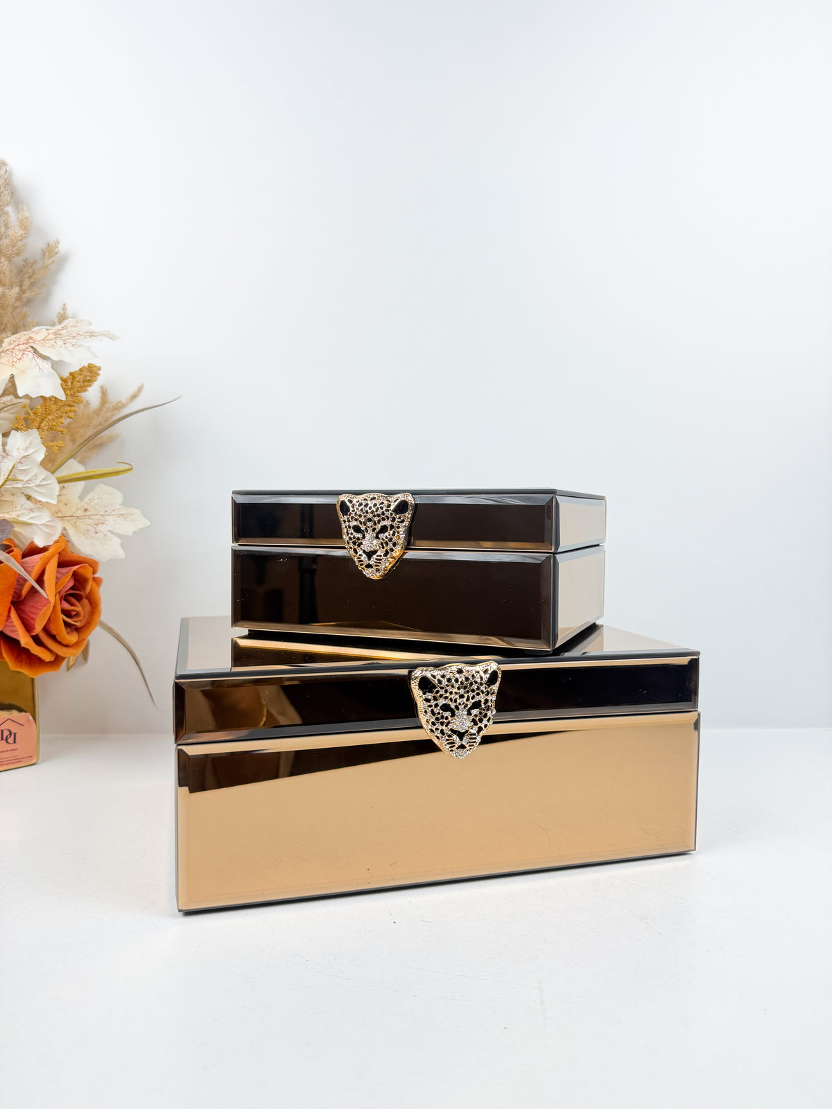 Duo de boîtes à bijoux rangement luxe bronze.