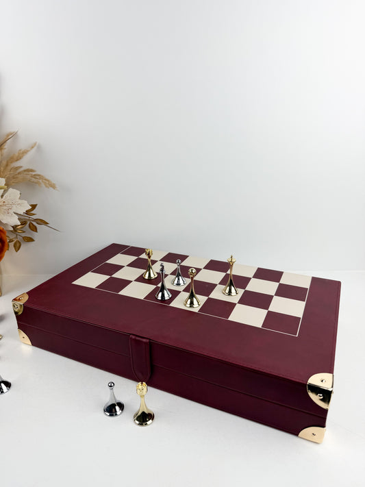 Échiquier de luxe moderne avec plateau pliable en cuir bordeaux