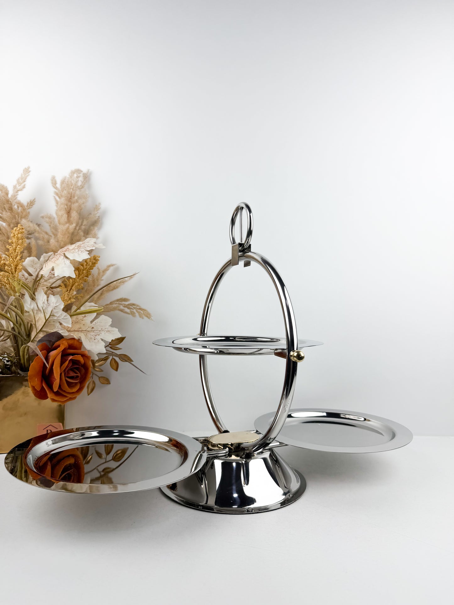 Présentoir à gâteaux pliable à trois étages , acier inoxydable poli miroir