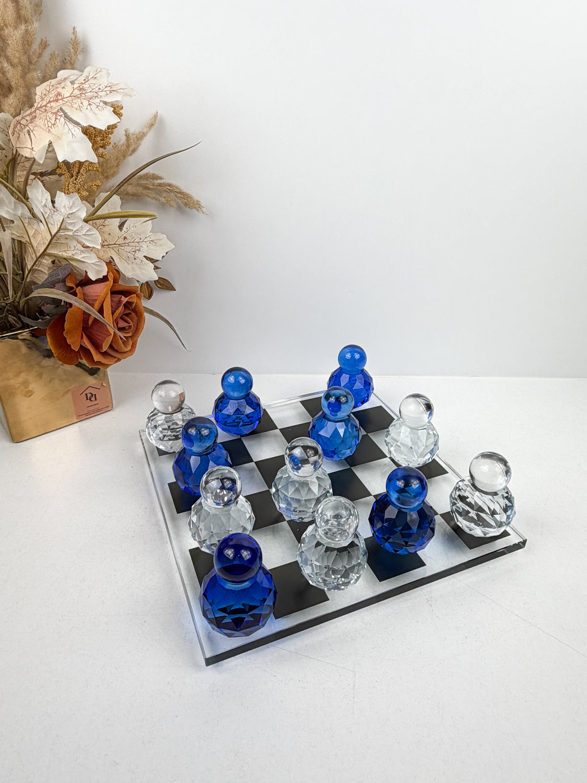 Jeu d'Échecs design en cristal avec Plateau Transparent haut de qualité de motifs bleu.