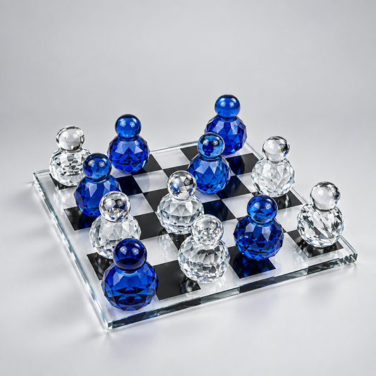 Jeu d'Échecs design en cristal avec Plateau Transparent haut de qualité de motifs bleu.