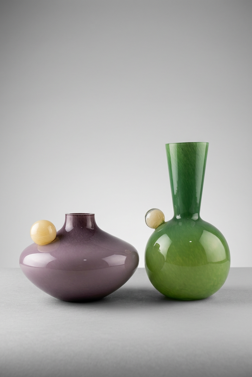 Duo de vases décoratifs au design sculptural violet et vert Olive.