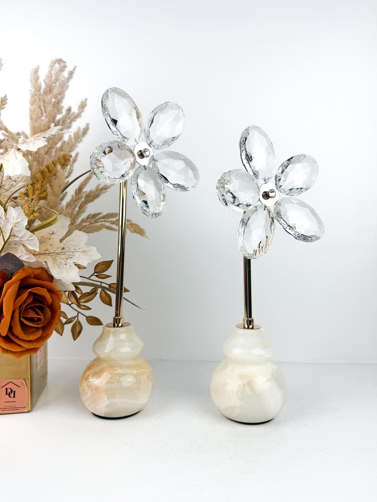 Ensemble de deux Fleurs décorative en cristal élégante avec une base marbré