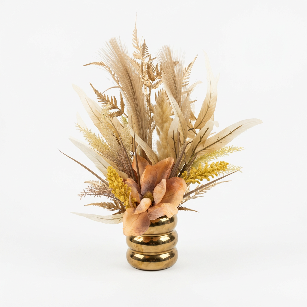Fleurs séchées présentée dans un vase en céramique aux finitions dorées.