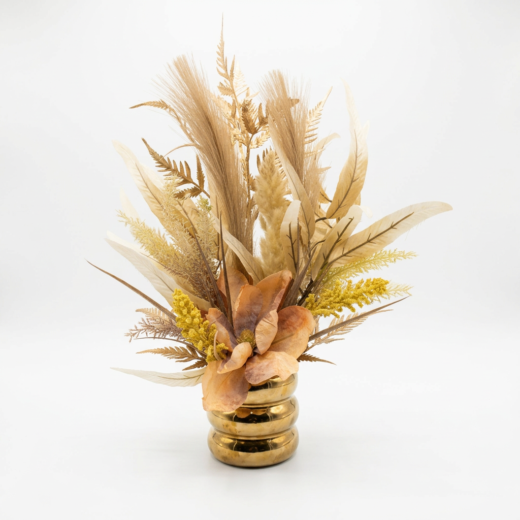 Fleurs séchées présentée dans un vase en céramique aux finitions dorées.
