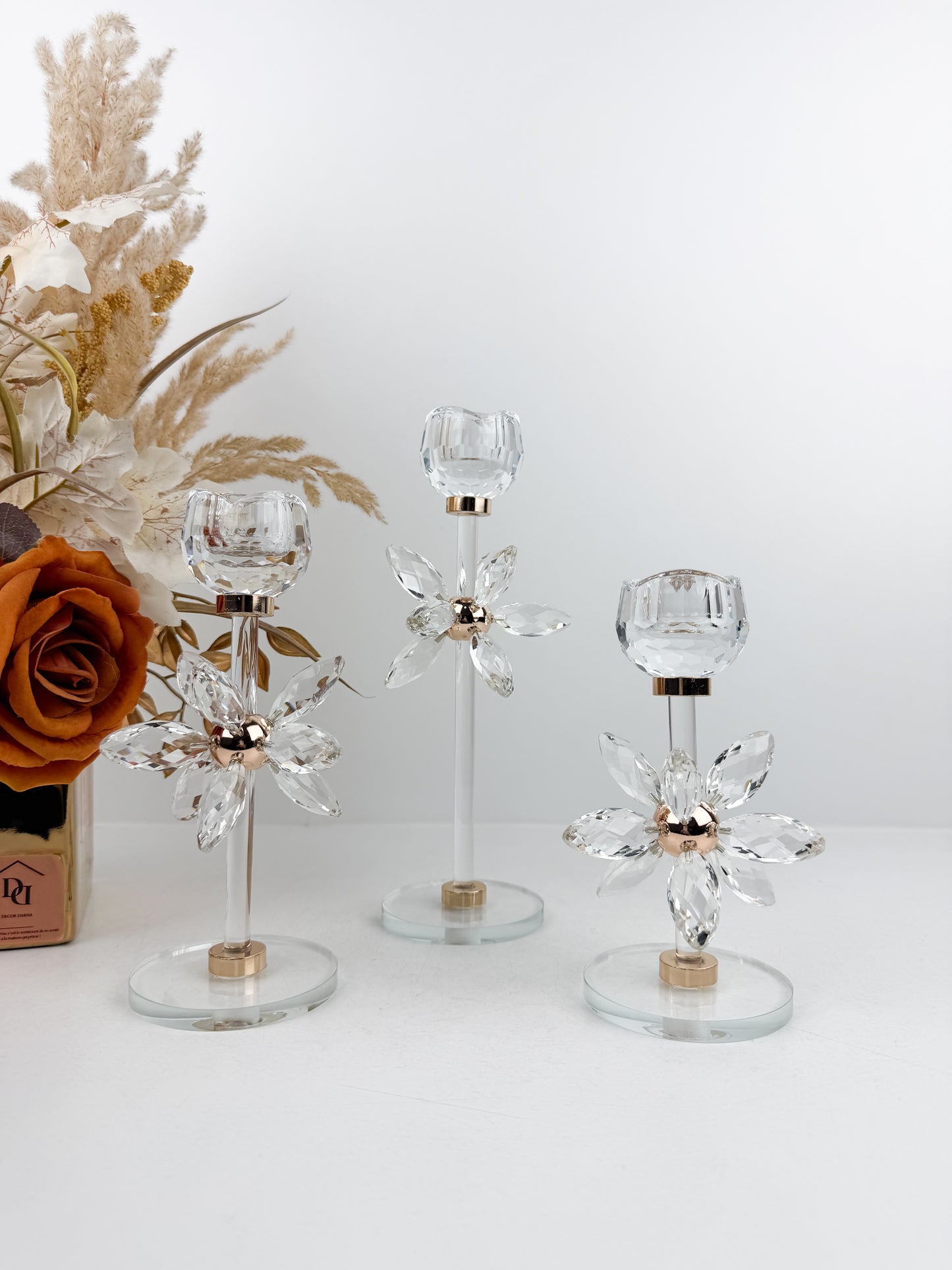Ensemble de trois bougeoirs en cristal élégants florales