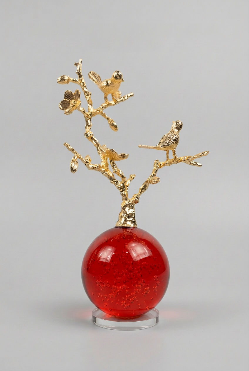 Sculpture décorative d'un arbre aux oiseaux en métal doré.