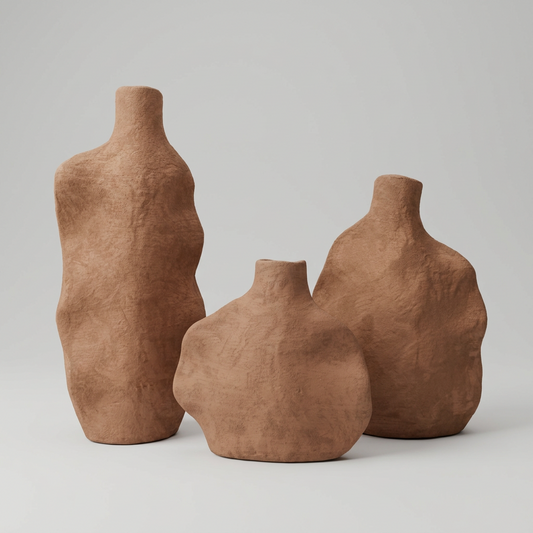 Trio de vases en céramique marron aux formes sculpturales et élégantes
