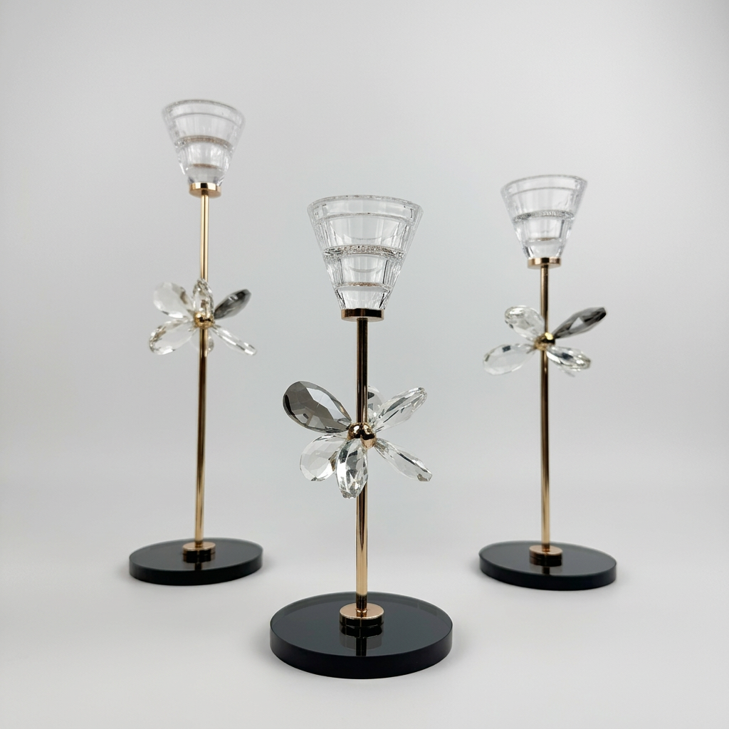Trio de Bougeoirs décoratif contemporain fleur en cristal sur un socle noir.