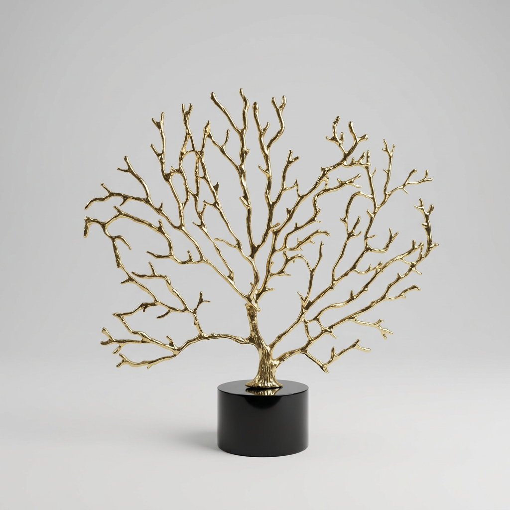 Arbre décoratif sculptural doré sur un socle en cristal noir.