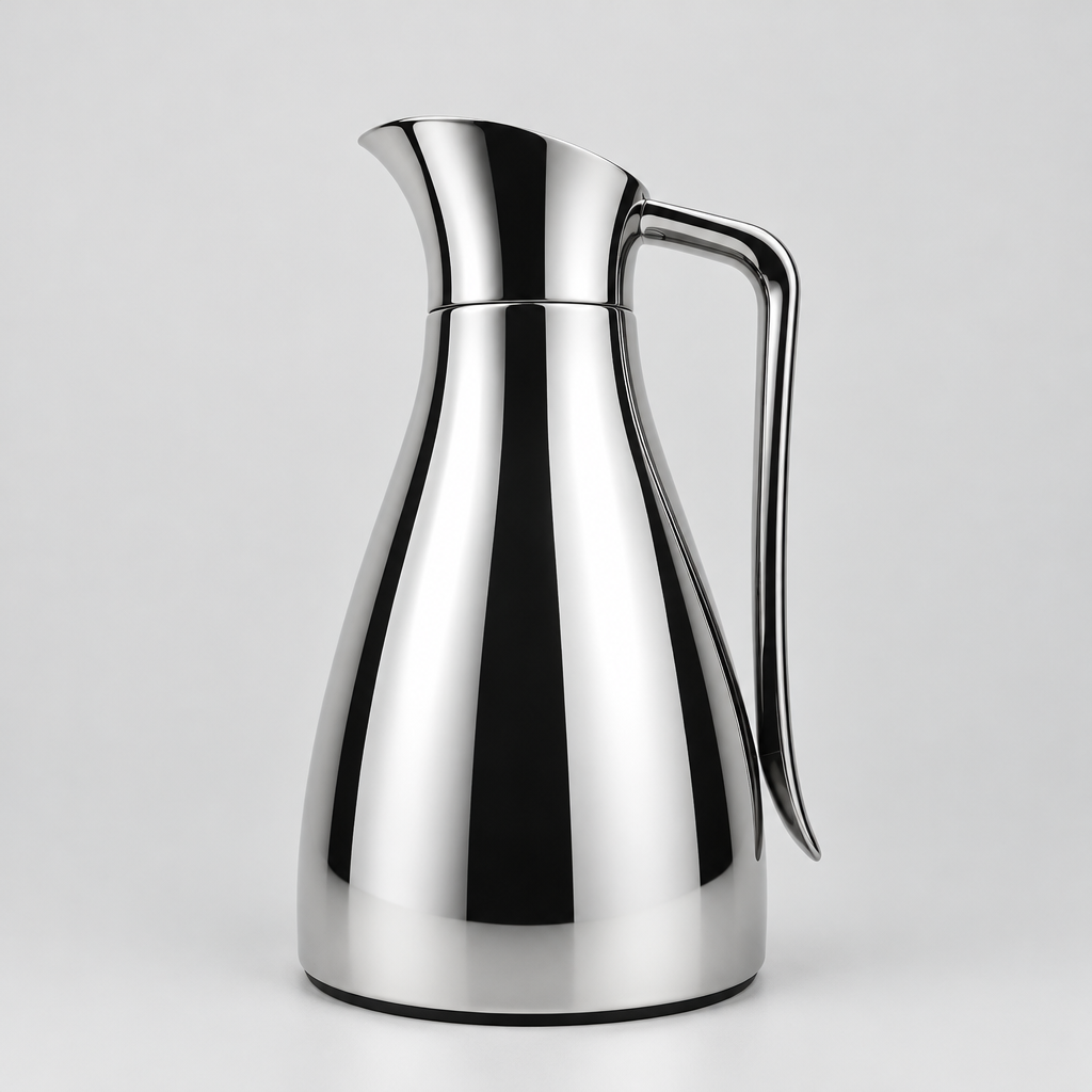 Thermos moderne en verre effet miroir chromé avec grande poignée profilée.