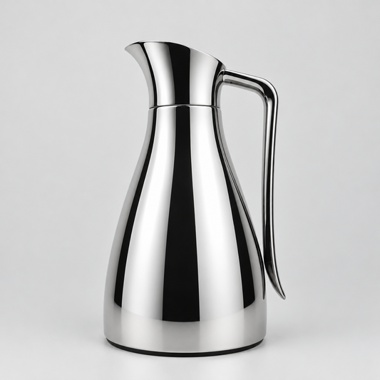 Thermos moderne en verre effet miroir chromé avec grande poignée profilée.