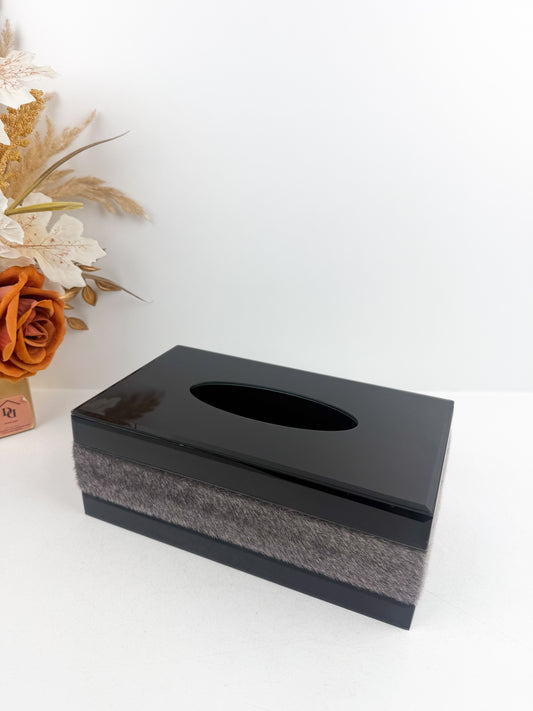 Boîte à mouchoirs moderne noir avec Bandeau en fourrure gris.