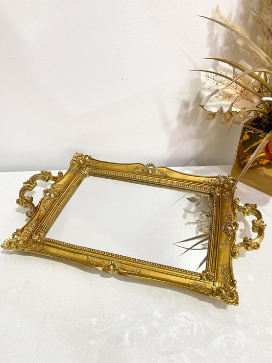 Plateaux-plateau de service dorée avec poignée pour salon, miroir, table basse