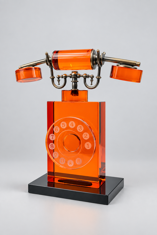 Téléphone vintage sculptural en cristal ambré.