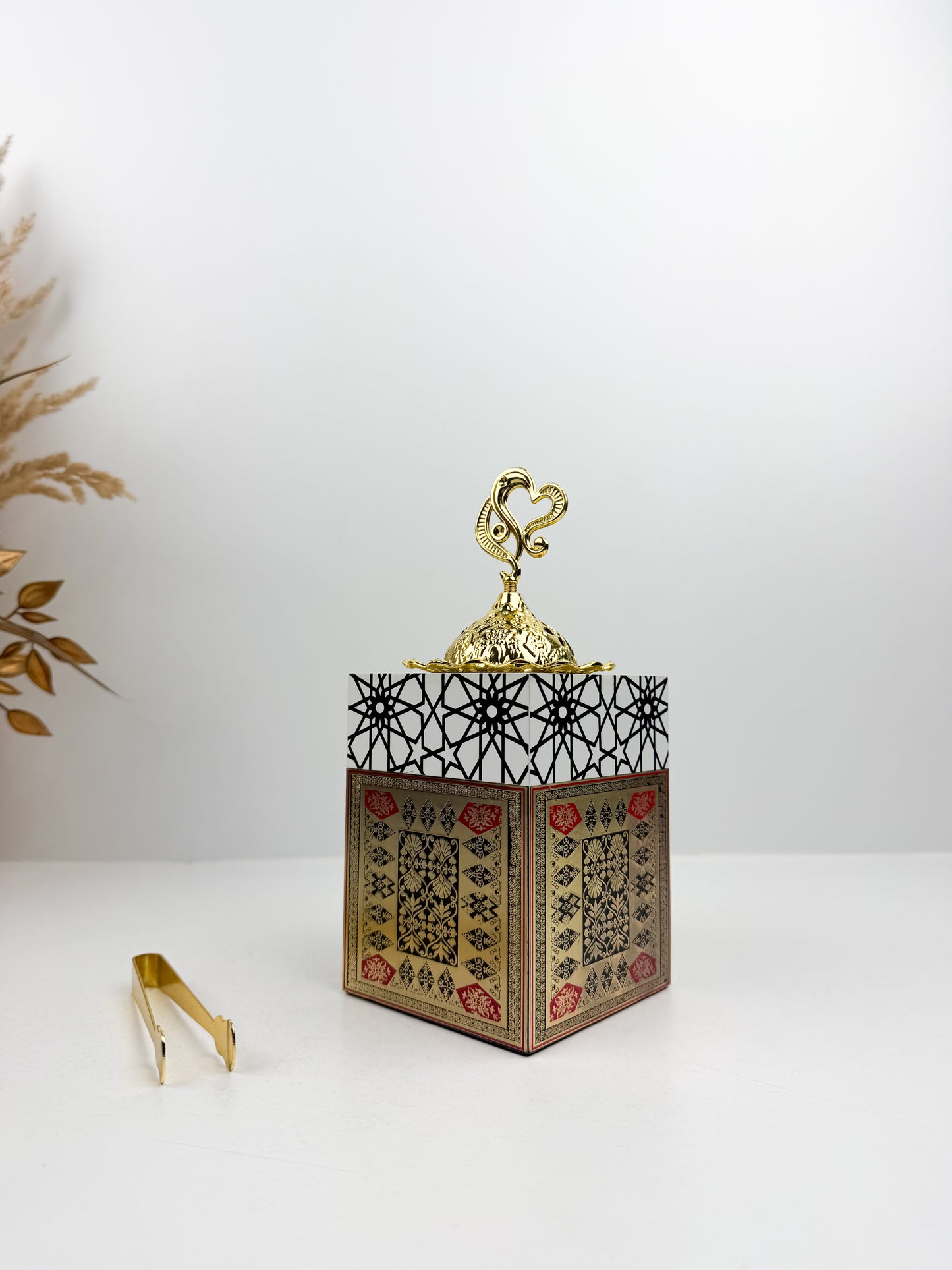 Brûleur d'encens en bois avec couvercle et pince en métal