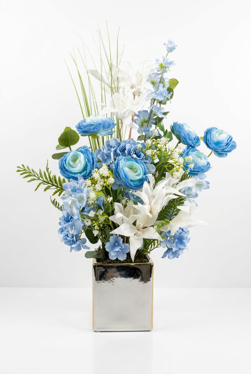 Fleurs artificielles bleu d'une élégance intemporelle.