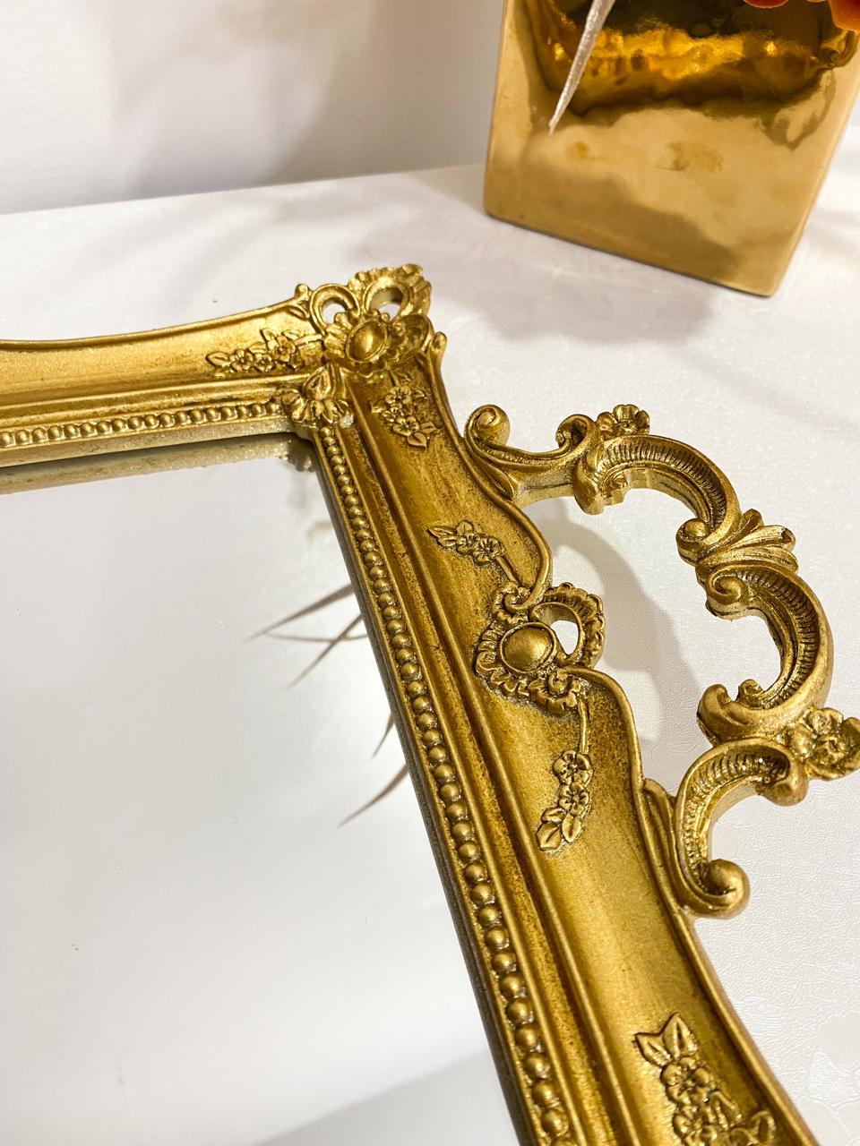 Plateaux-plateau de service dorée avec poignée pour salon, miroir, table basse