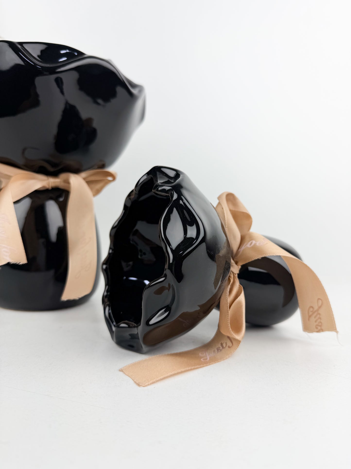 Duo vases moderne avec un col resserré, imitant la forme d'un bouquet lié par un ruban/noir