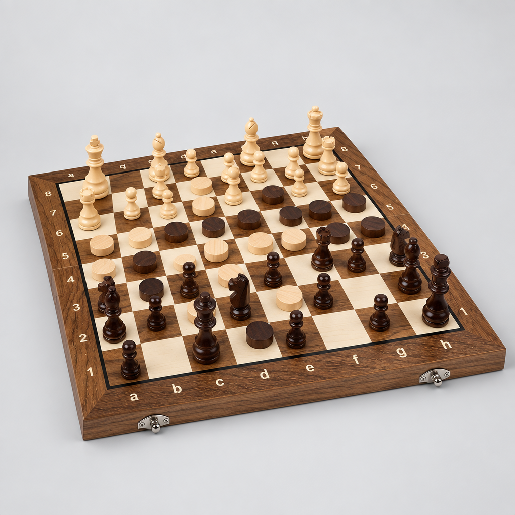 Jeu d'echecs pliable en bois artisanale.